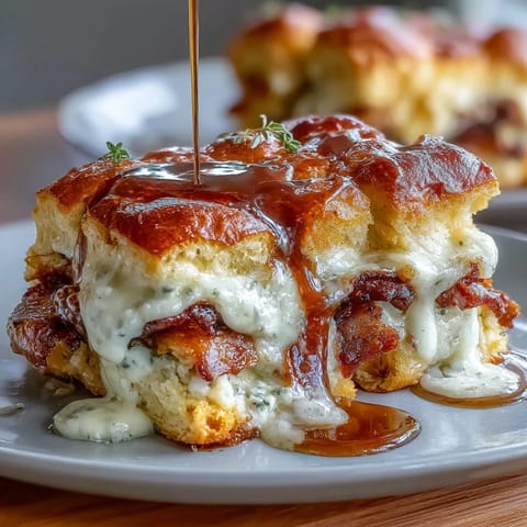 Golden-baked Derby Hot Brown sliders layered with turkey, tomato, and bacon, topped with Gruyère Mornay sauce on brioche.  