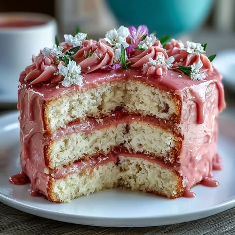 Pink ombre buttercream cake with edible flowers, a festive Mothers Day dessert for spring celebrations.