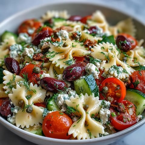 Vibrant summer pasta salad with Greek olives, feta, and fresh vegetables in tangy red wine vinaigrette.
