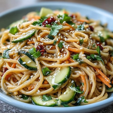Cold sesame noodle bowl with cucumber, vibrant vegetables, and fresh herbs in a creamy sesame sauce.  