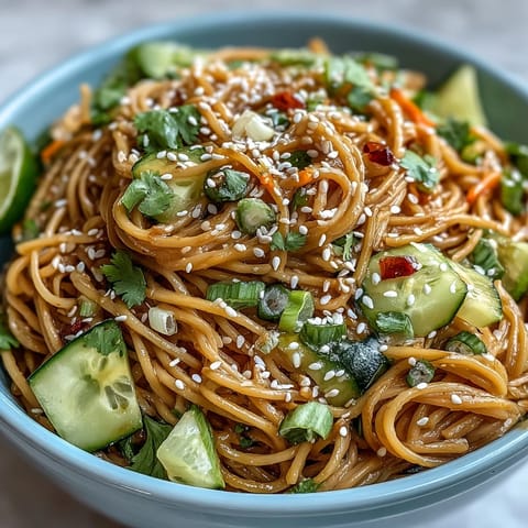 Refreshing cold sesame noodle bowl with julienned cucumber, carrots, and zesty sesame dressing.  