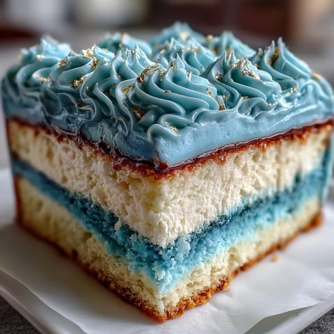 Dark blue and gold ombre layer cake with smooth vanilla buttercream frosting and shimmering gold accents for a graduation celebration.