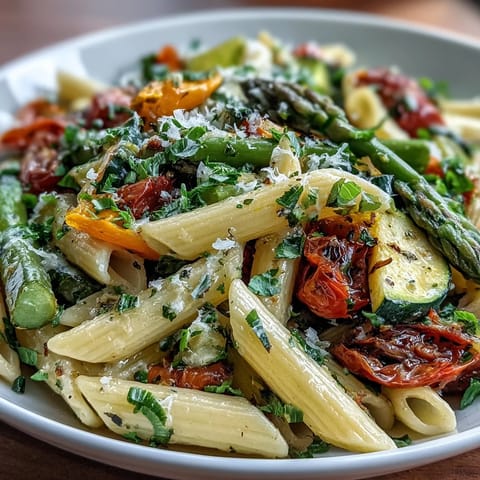 Vibrant Spring Pasta Primavera with colorful fresh vegetables and herbs, served in a rustic white bowl with a sprinkle of Parmesan cheese.