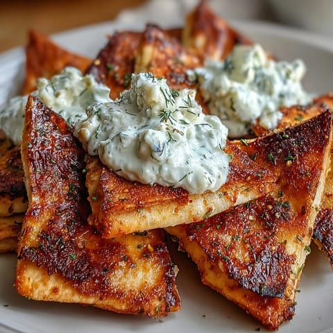 Crispy homemade pita chips served with creamy tzatziki dip, perfect for summer snacking.