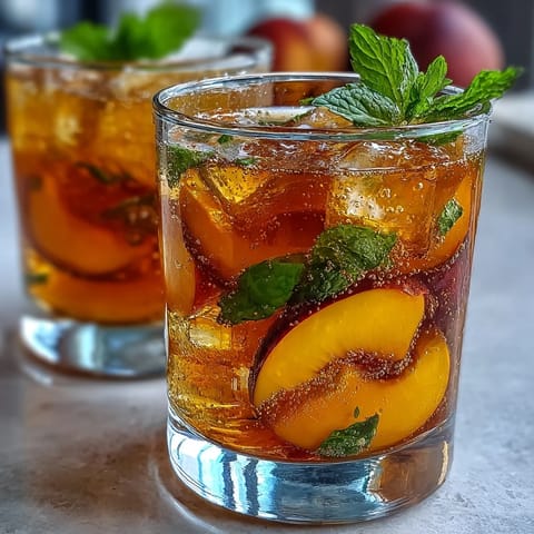 A refreshing glass of Mango Peach Sparkling Tea with juicy peach and mango slices, perfect for summer gatherings.