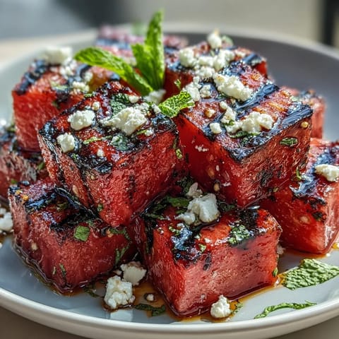 Grilled watermelon salad with feta and mint features caramelized fruit, creamy cheese, and fresh herbs for a vibrant summer dish.