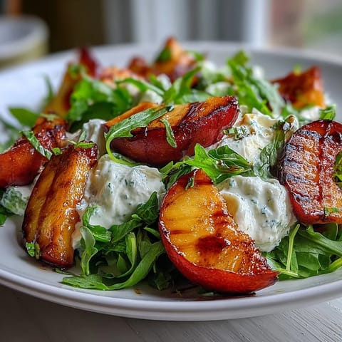Grilled peach and burrata salad with honey: sweet, smoky peaches paired with creamy cheese and fresh greens.