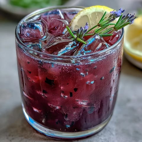 A refreshing lavender lemonade refresher with vibrant purple hues and fresh citrus slices.  