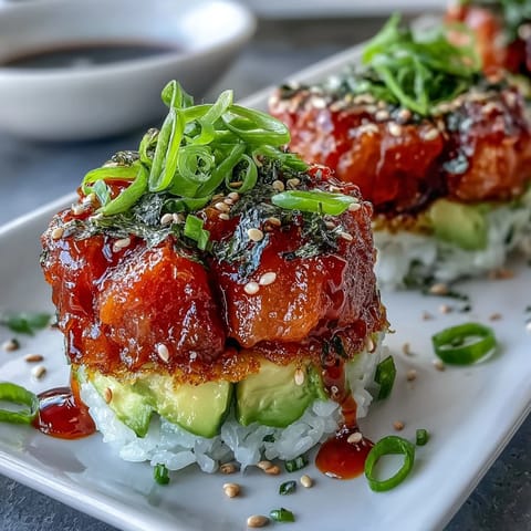 Crispy Rice Salad with Avocado and Spicy Tuna, golden bites topped with vibrant tuna and creamy avocado.