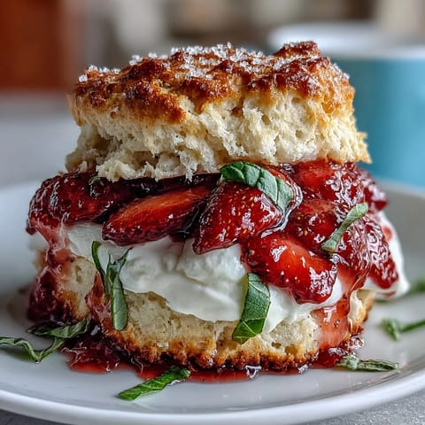 Golden Strawberry Basil Shortcake Biscuits topped with whipped cream and fresh berries.