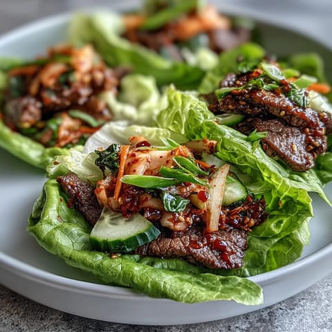 Bright Korean BBQ beef lettuce wraps piled high with kimchi, ready to assemble.