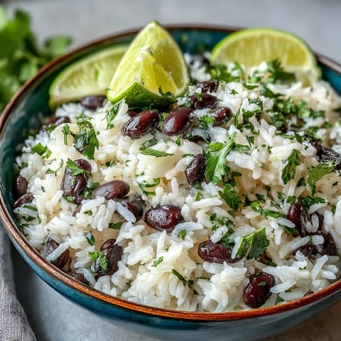 Close-up of creamy Coconut Lime Rice with cilantro, black beans, and lime zest.