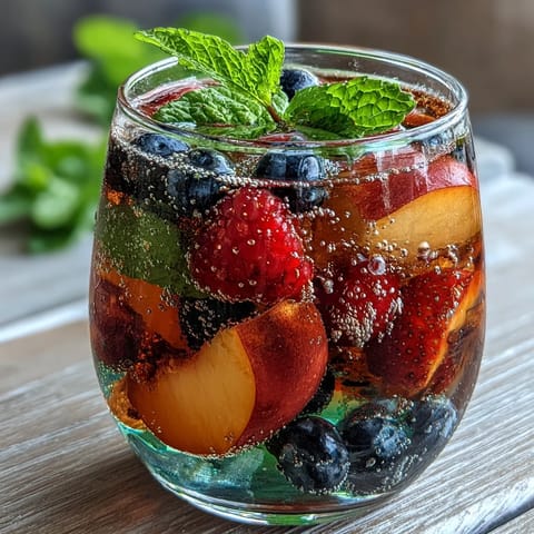 Vibrant Summer Sangria Mocktail with fresh peach slices and berries in a glass.