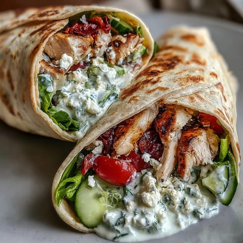 Close-up shot of Tzatziki Chicken Wraps, bursting with colorful veggies.