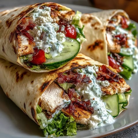 Tender Tzatziki Chicken Wraps with crumbled feta, ready to enjoy.
