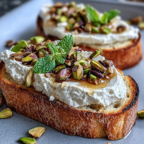 Whipped ricotta toast with honey and pistachios, creamy and golden with sweet drizzle.