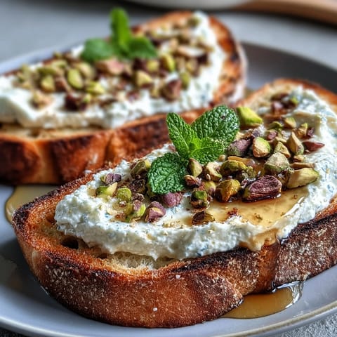 Glistening honey cascades over fluffy whipped ricotta toast, a sweet pistachio crunch.
