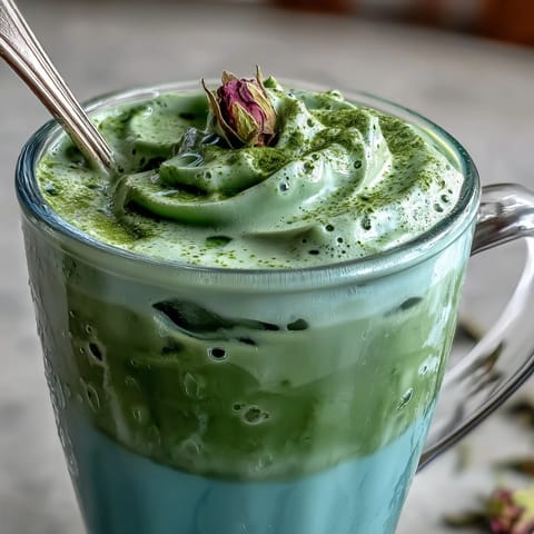 Mother's Day Iced Matcha Latte with Vanilla Cold Foam, creamy foam atop vibrant layers.