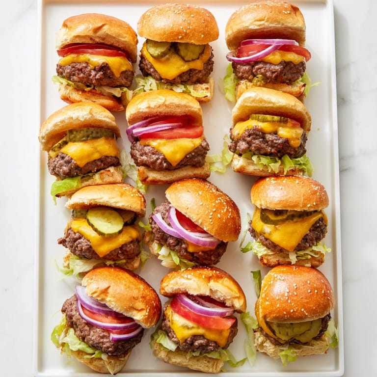 Homemade mini sliders with beef, cheese, pickles, and sauce, ready for a quick family dinner.