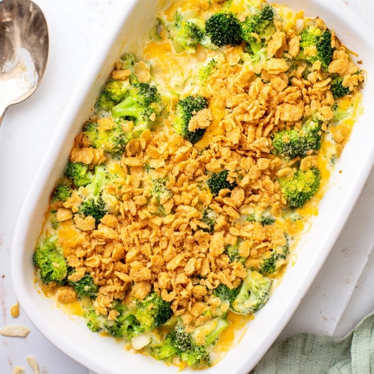 A spoon scoops creamy Broccoli Casserole from a white baking dish, revealing rich cheese sauce.