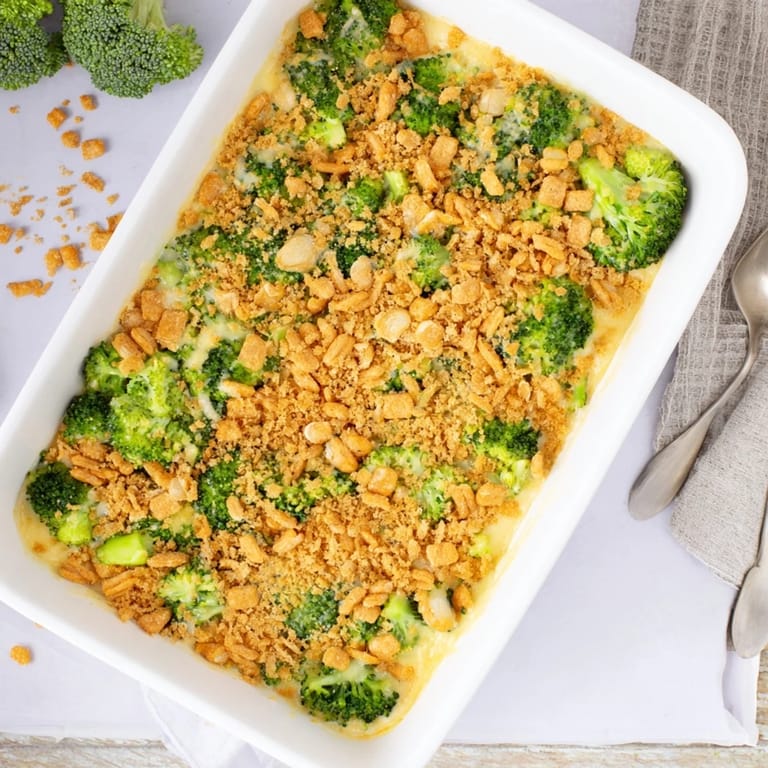 Holiday Broccoli Casserole served on a festive plate, topped with crispy buttery cracker crumbs.