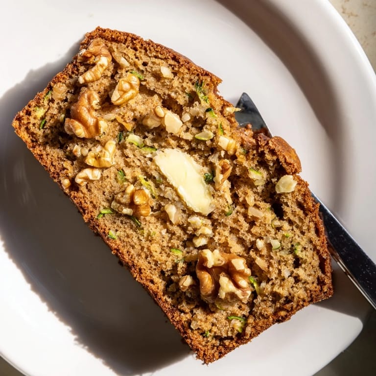 Slices of moist Zucchini Bread on a wooden board, served with a spread of cream cheese and a butter knife.