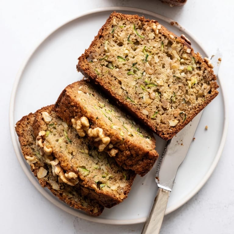 A close-up of Zucchini Bread revealing a tender crumb, loaded with chopped walnuts and warm cinnamon spices.