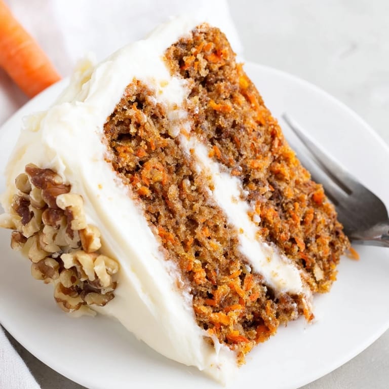 A close-up of carrot cake plated beside a hot beverage, highlighting its moist texture and warm spices.