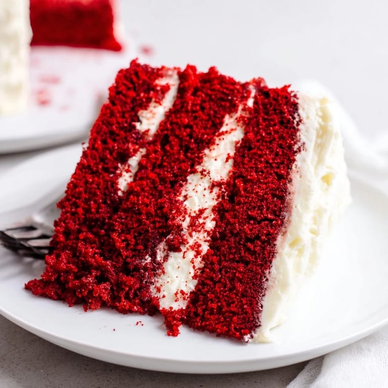 Moist Red Velvet Cake whole layer cake topped with swirls of cream cheese frosting and scattered crumbs, perfect for celebrations.
