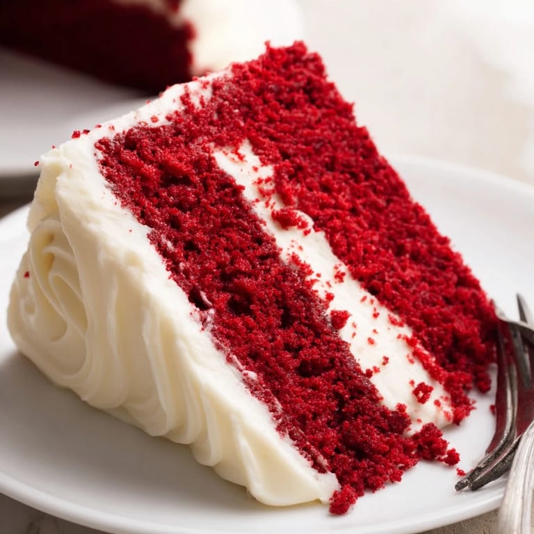 Decadent slice of Red Velvet Cake served on a white plate, showcasing velvety cocoa crumb and luxurious cream cheese frosting.