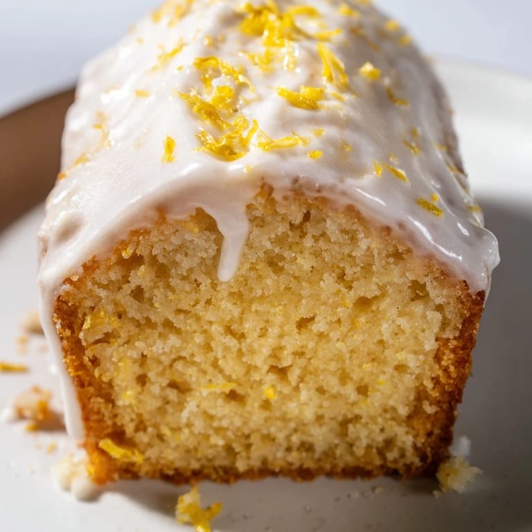 Homemade Lemon Pound Cake on a white plate with lemon slices and fresh blueberries nearby.