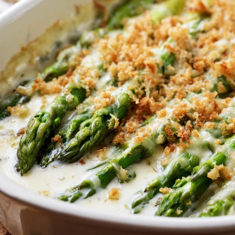 Comforting Asparagus Casserole with a bubbly cheese topping, perfect for a springtime side dish.