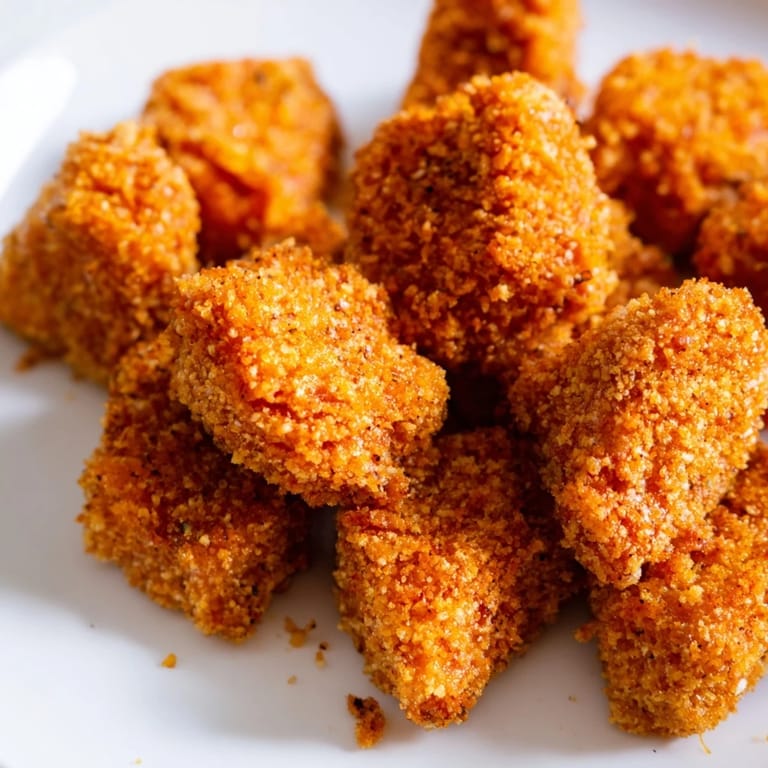 Freshly fried Chicken Nuggets with a crunchy breadcrumb coating, stacked and ready to eat.