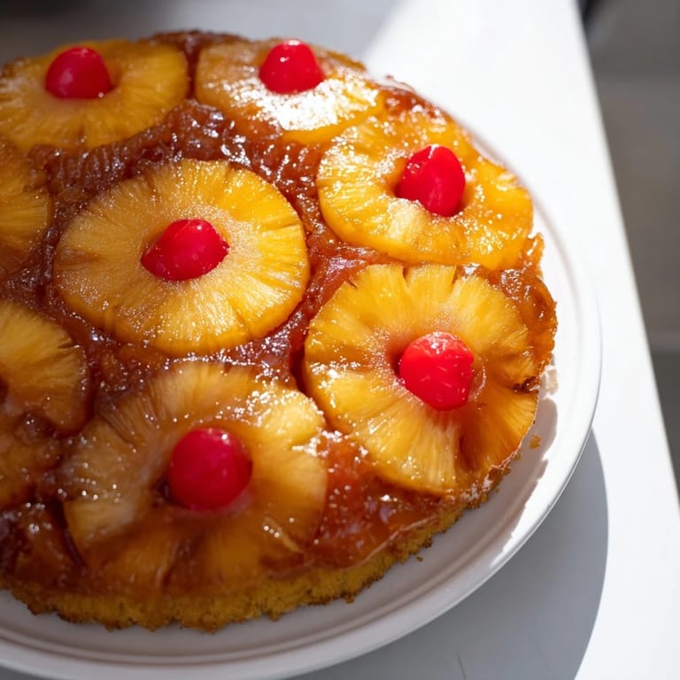 A freshly inverted Pineapple Upside-Down Cake revealing a moist, buttery crumb and perfectly arranged fruit on a white serving plate.