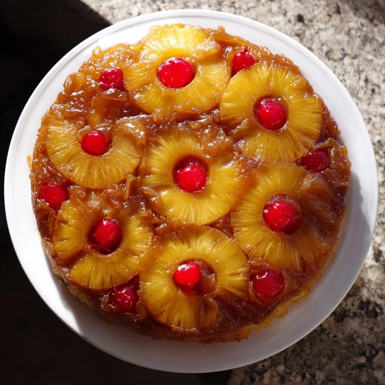 Close-up of warm Pineapple Upside-Down Cake with bubbling brown sugar glaze and tender vanilla cake, ready to slice and serve.