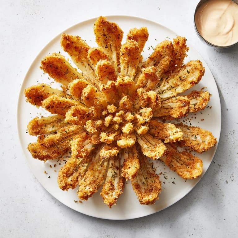 Close-up of a Blooming Onion blossom, crispy coating, served hot with zesty creamy dipping sauce.