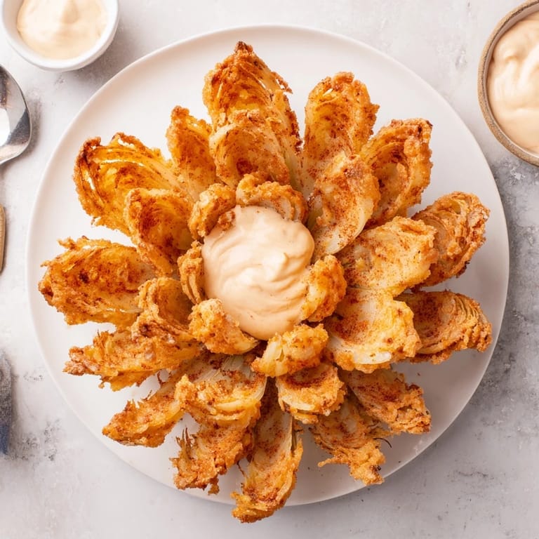 A homemade Blooming Onion recipe with seasoned batter, fried crisp, and paired with tangy dipping sauce.