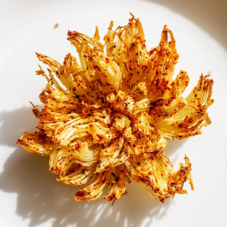 Crisp, battered Onion Petals stacked on a plate next to a small bowl of spicy dipping sauce for easy sharing.
