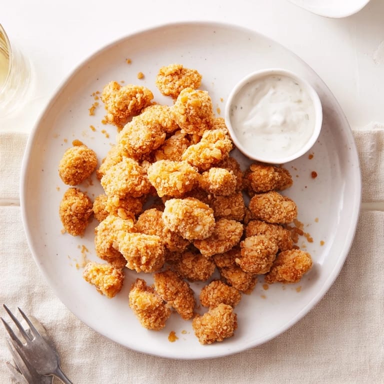 Homemade Popcorn Chicken bites arranged in a paper-lined basket with a side of creamy ranch for dipping.