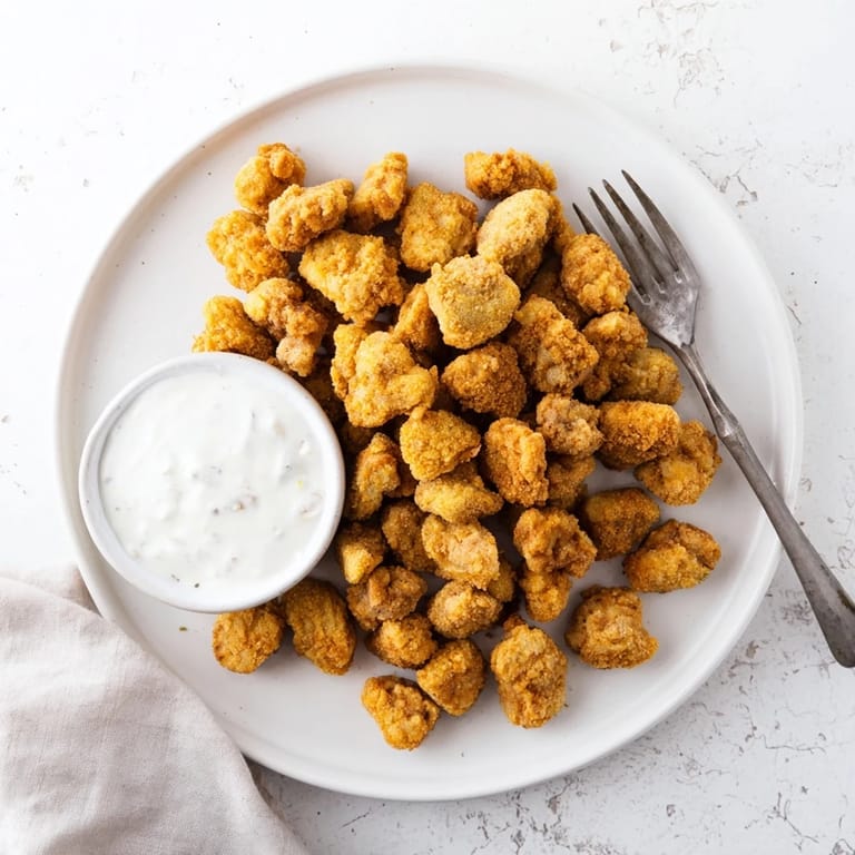 Juicy Popcorn Chicken nuggets dusted with cayenne, served hot and golden beside a fresh coleslaw side dish.