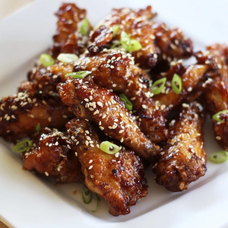 Close-up of Asian Sticky Wings on a platter, showcasing sticky, lacquered skin and toasted sesame seeds.