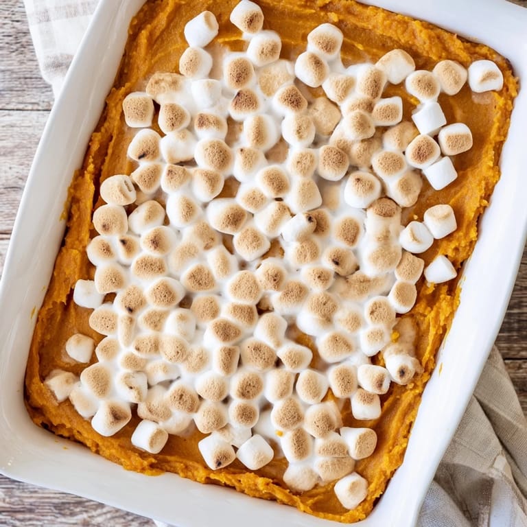 Soft, fluffy marshmallows crown a warm bowl of creamy Sweet Potato Casserole, ready for the holiday table.