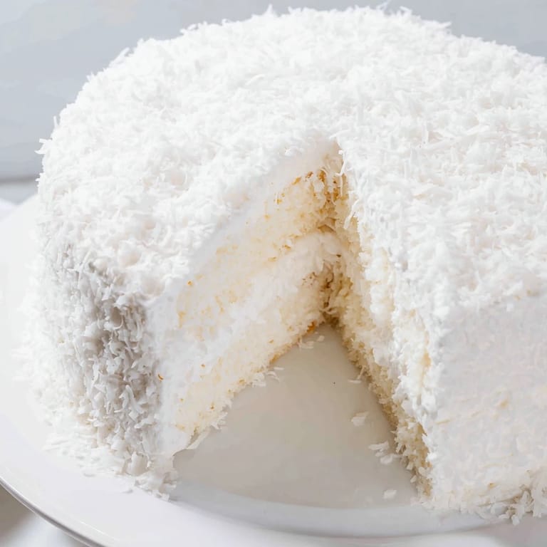 Tender white cake layers with coconut filling, covered in fluffy seven-minute frosting and sweet shredded coconut flakes.