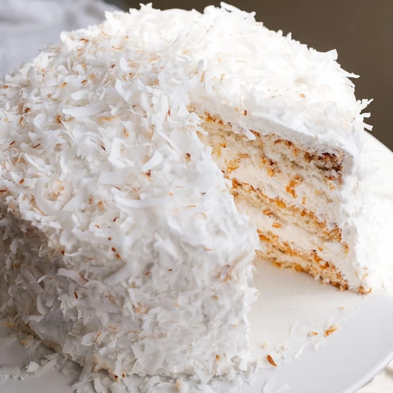A freshly sliced wedge of coconut cake reveals moist white layers and creamy filling, perfect for a celebration.