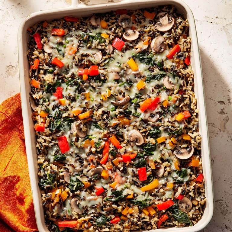 Earthy mushroom Wild Rice Casserole topped with fresh thyme, ready to serve warm.