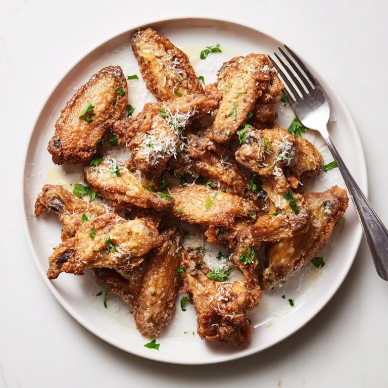 Freshly grated Parmesan clings to these baked Garlic Parmesan Wings, garnished with parsley and displayed beside a chilled lager for dipping.