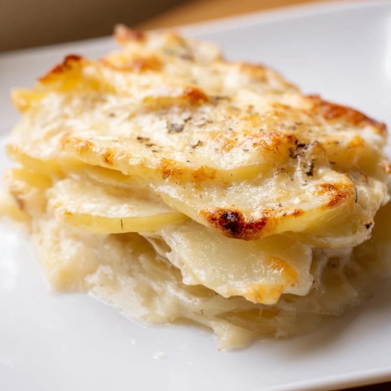 Layered Au Gratin Potatoes with rich garlic cream sauce, featuring a crisp, golden-brown, cheesy crust.