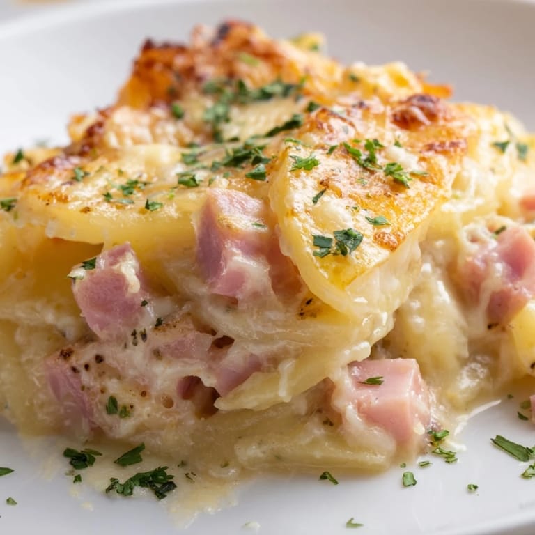 A rustic baking dish holds golden-brown Scalloped Potatoes with Ham, garnished with fresh parsley for a bright, savory finish.