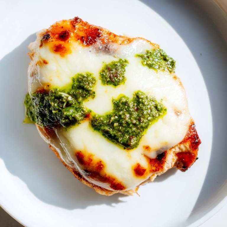 Thick sandwich halves reveal gooey melted mozzarella over grilled chicken, drizzled with bright green pesto sauce.