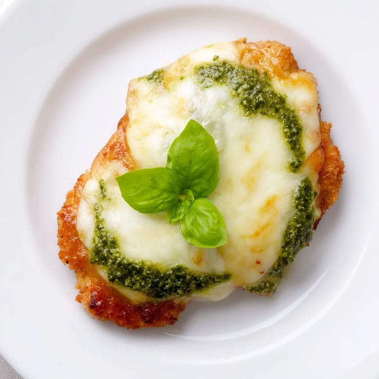 Open-faced Pesto Chicken Melt on toasted ciabatta with basil pesto, ripe tomato slices, and melty cheese.